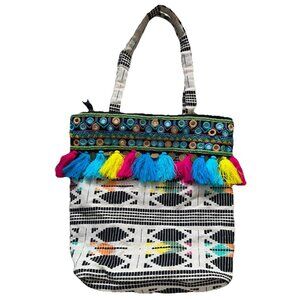 America & Beyond Bag Tote Beaded Embroidered Knit Tassel And Boho